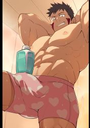 Rule 34 | 1boy, abs, absurdres, aged up, alternate pectoral size, armpits, arms behind head, bara, boruto: naruto next generations, boxers, bulge, erection, erection under clothes, facial mark, feet out of frame, from below, heart, heart boxers, heart print, highres, inuzuka kiba, large pectorals, male focus, male underwear, masayoshi togashi (alu379), muscular, muscular male, naruto (series), navel, navel hair, nipples, object on bulge, paid reward available, pectorals, pink boxers, pink male underwear, print clothes, print male underwear, print underwear, sauna, shampoo bottle, shampoo challenge, short hair, sideburns, smile, smug, solo, spread legs, steam, stomach, thick thighs, thighs, underwear, underwear only