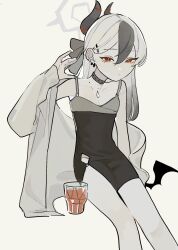 Rule 34 | 1girl, black dress, black horns, blue archive, breasts, cleavage, closed mouth, commentary request, cup, dee (tannsumi), demon horns, dress, drinking glass, ear piercing, gradient hair, grey choker, grey hair, grey halo, hair ornament, hairclip, halo, hand up, highres, horns, jacket, jacket partially removed, kayoko (dress) (blue archive), long hair, long sleeves, looking at viewer, mole, mole on neck, multicolored hair, official alternate costume, piercing, red eyes, single wing, sleeveless, sleeveless dress, small breasts, solo, white hair, wings