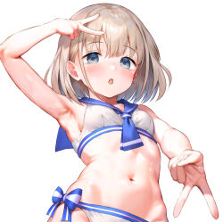Rule 34 | 1girl, :o, alternate costume, armpits, blush, breasts, commentary request, double v, grey hair, gyaru v, highres, idolmaster, idolmaster shiny colors, looking at viewer, navel, qianlou (qianlou12374), sailor bikini, sailor collar, sailor swimsuit (idolmaster), serizawa asahi, simple background, small breasts, solo, stomach, v, white background