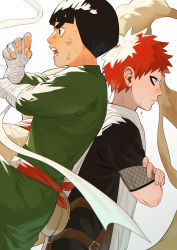 Rule 34 | 2boys, bandaged arm, bandages, black eyes, black hair, blue eyes, blunt bangs, child, closed mouth, crossed arms, fighting stance, from side, gaara (naruto), geokinesis, highres, male focus, mirin (coene65), multiple boys, naruto, naruto (series), open mouth, red hair, rock lee, sand, short hair