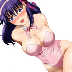 Rule 34 | 1girl, arms behind back, bare shoulders, blush, bow, bowtie, breasts, cleavage, commentary request, detached collar, embarrassed, fate/stay night, fate (series), groin, hair ribbon, large breasts, leotard, long hair, looking at viewer, matou sakura, open mouth, pink bow, pink bowtie, pink leotard, pink ribbon, playboy bunny, purple eyes, purple hair, ribbon, simple background, solo, teeth, upper teeth only, white background, yadokari genpachirou