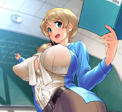 Rule 34 | 1girl, blonde hair, bra, breasts, classroom, cupless bra, ellen baker, english text, from below, green eyes, indoors, large areolae, large breasts, long hair, new horizon, red-p, school, see-through, solo, teacher, underwear