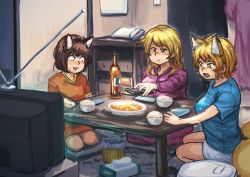 Rule 34 | 3girls, alternate costume, animal ears, blonde hair, blue shirt, bottle, breasts, casual, cat ears, chanta (ayatakaoisii), chen, commentary request, constricted pupils, contemporary, controller, dress, expressionless, food, fox ears, fox tail, highres, indoors, long hair, long sleeves, looking down, medium breasts, multiple girls, multiple tails, napkin, no headwear, pajamas, purple dress, purple eyes, purple pajamas, red dress, remote control, rice, seiza, shirt, short dress, short sleeves, shorts, sitting, surprised, t-shirt, table, tail, television, thighs, touhou, white shorts, yakumo ran, yakumo yukari, yellow eyes