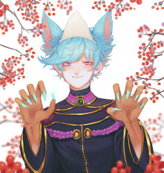 Rule 34 | 1boy, absurdres, animal ears, astrocatsama, berry, black jacket, black sleeves, blue eyes, blue hair, blue nails, cat ears, chest jewel, chinese clothes, claw pose, closed mouth, commentary, dark skin, english commentary, fingernails, gem, gold trim, gradient skin, green gemstone, highres, jacket, light blush, long sleeves, male focus, original, ribbon-trimmed jacket, sharp fingernails, short hair, simple background, smile, solo, straight-on, tangzhuang, triangular headpiece, turtleneck, turtleneck jacket, upper body, very short hair, white background