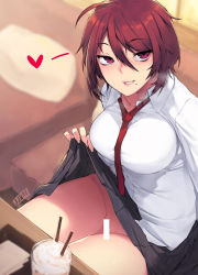 Rule 34 | 1girl, ahoge, arm at side, bar censor, black skirt, blush, breasts, breath, censored, clothes lift, collarbone, collared shirt, dress shirt, fingernails, flashing, groin, hair between eyes, heart, highres, indoors, jjune, large breasts, legs together, lifted by self, long sleeves, miniskirt, mole, mole under mouth, necktie, no panties, original, parted lips, pink lips, pleated skirt, red eyes, red hair, red necktie, school uniform, shirt, short hair, sitting, skirt, skirt lift, smile, solo, teeth, white shirt, wing collar