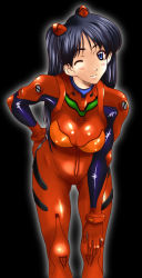 Rule 34 | 1girl, black background, black hair, breasts, cosplay, gradient background, hand on own hip, kamia (not found), large breasts, latex, neon genesis evangelion, one eye closed, original, outline, parted bangs, plugsuit, plugsuit (cosplay), simple background, skin tight, solo, souryuu asuka langley, souryuu asuka langley (cosplay), standing, twintails, two side up, wide hips, wink, yukino sayuri