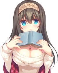 Rule 34 | 10s, 1girl, black hair, blue eyes, blush, book, breasts, cleavage, female focus, gunp, hairband, holding, holding book, idolmaster, idolmaster cinderella girls, jewelry, large breasts, long hair, looking at viewer, necklace, off-shoulder, off-shoulder sweater, open \m/, open book, open mouth, pendant, ribbed sweater, sagisawa fumika, shawl, solo, sweater, upper body