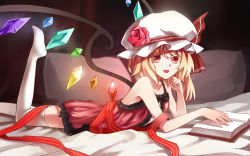 Rule 34 | 1girl, asymmetrical hair, bare arms, bare shoulders, book, bow, collarbone, fang, feet, flandre scarlet, flower, hat, hat bow, hat flower, highres, leg up, looking at viewer, lying, mob cap, nightgown, no shoes, on stomach, open mouth, pillow, rain (icetuofei), red eyes, red flower, red rose, ribbon, rose, side ponytail, smile, solo, thighhighs, touhou, white thighhighs, wings, zettai ryouiki