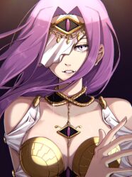 Rule 34 | 1girl, bare shoulders, fate/extella, fate/extra, fate (series), jewelry, long hair, medusa (fate), medusa (rider) (fate), necklace, nikumaki43, official alternate costume, one eye covered, portrait, purple eyes, purple hair, solo, square pupils, veil, white veil