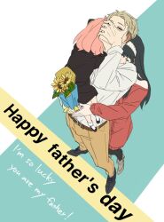 Rule 34 | 1boy, 2girls, anya (spy x family), ayamame, bare shoulders, belt, black dress, black footwear, black thighhighs, blonde hair, blush, boots, bouquet, brown belt, brown pants, child, closed eyes, commentary request, dress, ear blush, english text, father&#039;s day, father and daughter, flower, hairband, hairpods, hand on own face, holding, holding bouquet, hug, hug from behind, husband and wife, long hair, mother and daughter, multiple girls, off-shoulder dress, off shoulder, pants, pink hair, red dress, shirt, short hair, sidelocks, socks, spy x family, standing, sunflower, sweater, sweater dress, thighhighs, twilight (spy x family), undercut, white hairband, white shirt, yor briar