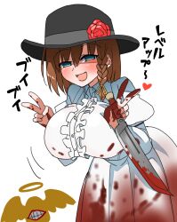 Rule 34 | 1girl, akitokage, blood, blood on clothes, braid, breasts, brown hair, center frills, charlotte corday (fate), double v, dress, fate/grand order, fate (series), frills, green eyes, highres, juliet sleeves, knife, large breasts, long sleeves, looking at viewer, open mouth, puffy sleeves, short hair, side braid, smile, translation request, v, white dress