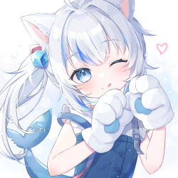 Rule 34 | 1girl, ahoge, animal ears, animal hands, blue eyes, blue hair, blue skirt, blunt bangs, blush, cat ears, cat paws, commentary, cube hair ornament, fins, fish tail, frilled sleeves, frills, gawr gura, gawr gura (party dress), gawr gura (casual), grey hair, hair ornament, heart, highres, hololive, hololive english, looking at viewer, multicolored hair, nemuri (nemu729o), one eye closed, ponytail, shark girl, shark tail, shirt, short sleeves, side ponytail, sidelocks, skirt, skirt set, solo, streaked hair, tail, tongue, tongue out, virtual youtuber, white background, white shirt