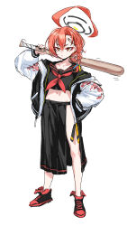 Rule 34 | absurdres, antenna hair, baseball bat, blue archive, full body, halo, highres, jacket, navel, neru (blue archive), orange hair, red eyes, school uniform, serafuku, shoes, sukajan, taotao, twitter, white background