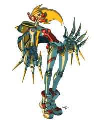 Rule 34 | 1girl, absurdres, android, arched back, blonde hair, breasts, claws, cyberpunk, full body, gynoid, highres, joints, koutetu yarou, long hair, looking at viewer, mask, original, oversized forearms, oversized limbs, red eyes, robot joints, science fiction, shoes, signature, small breasts, sneakers, solo, standing, white background