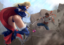 Rule 34 | 1boy, 1girl, ares (brandish), ares toraernos, ass, blonde hair, blue eyes, blue footwear, blue gloves, boots, brandish, brandish (video game), breasts, cape, dela delon, eiyuu densetsu, elbow gloves, faceless, faceless male, falcom, fur-trimmed boots, fur-trimmed elbow gloves, fur-trimmed footwear, fur-trimmed gloves, fur trim, gloves, large breasts, lipstick, long hair, long sword, looking back, makeup, medium breasts, open mouth, outdoors, partially visible anus, partially visible vulva, pussy bulge, revealing clothes, ryu (gaquarium), shield, staff, sword, thong, weapon