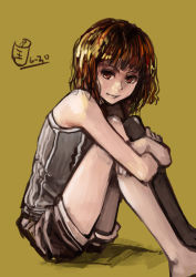 Rule 34 | 1girl, bad id, bad pixiv id, bare shoulders, barefoot, brown eyes, brown hair, canking, hugging own legs, looking at viewer, original, short hair, short shorts, shorts, simple background, sitting, sleeveless, solo
