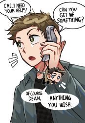 Rule 34 | 2boys, angel, angel wings, black hair, blonde hair, blue eyes, castiel, cellphone, chess021, chibi, coat, dean winchester, english text, flip phone, green eyes, highres, male focus, multiple boys, phone, short hair, simple background, smile, speech bubble, supernatural (tv series), trench coat, upper body, white background, wings