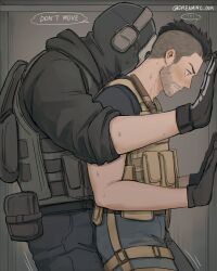 Rule 34 | 2boys, bara, black gloves, black hair, black shirt, blush, call of duty, call of duty: modern warfare 2, closet, couple, dreaming oor, dry humping, english text, from side, ghost (modern warfare 2), gloves, highres, humping, in locker, leather, male focus, mask, military, military uniform, mohawk, motion lines, multiple boys, shirt, skull mask, soap (modern warfare 2), sweatdrop, uniform, yaoi