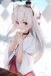 Rule 34 | 10s, 1girl, amatsukaze (kancolle), blonde hair, blurry, box, breath, brown eyes, choker, commentary request, depth of field, donation box, hair tubes, hairband, hakama, hakama skirt, hat, japanese clothes, kantai collection, long hair, long sleeves, looking at viewer, meth (emethmeth), miko, mini hat, open mouth, own hands together, red hakama, shide, skirt, smile, solo, twintails, two side up, wide sleeves