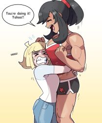 Rule 34 | abs, aged up, alternate muscle size, black hair, blonde hair, creatures (company), game freak, highres, juno son, lillie (pokemon), muscular, muscular female, nintendo, pokemon, pokemon sm, selene (pokemon), thick thighs, thighs, yuri