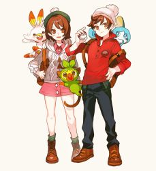 Rule 34 | 1boy, 1girl, backpack, bag, beanie, beret, black pants, blue eyes, blush, blush stickers, breasts, brown eyes, brown footwear, brown hair, cardigan, closed mouth, creatures (company), dress, full body, game freak, gen 8 pokemon, gloria (pokemon), green headwear, green legwear, grey cardigan, grookey, hand on own hip, hand up, happy, hat, holding, holding poke ball, long sleeves, looking at viewer, matching hair/eyes, newo (shinra-p), nintendo, open mouth, orange eyes, pants, pink dress, poke ball, poke ball (basic), pokemon, pokemon (creature), pokemon swsh, red shirt, scorbunny, shirt, shoes, short hair, simple background, small breasts, smile, sobble, socks, standing, starter pokemon trio, teeth, victor (pokemon), white background, white headwear