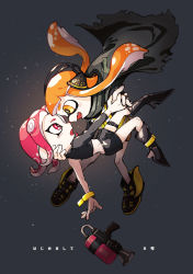 Rule 34 | 2girls, :d, agent 3 (splatoon), agent 8 (splatoon), black cape, black footwear, boots, cape, dropping, eye contact, fang, grey background, hand on another&#039;s head, headgear, high-visibility vest, high heel boots, high heels, highres, holding hands, inari1369, inkling, inkling girl, inkling player character, interlocked fingers, knee boots, long hair, looking at another, multiple girls, nintendo, octoling, octoling girl, octoling player character, octoshot (splatoon), open mouth, orange eyes, orange hair, pink eyes, pink hair, single bare shoulder, single sleeve, smile, splatoon (series), splatoon 2, splatoon 2: octo expansion, squidbeak splatoon, suction cups, tentacle hair, thigh strap, torn cape, torn clothes
