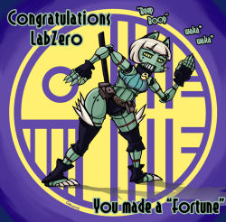 Rule 34 | 1girl, barefoot, belt, belt pouch, bob cut, breasts, claws, colored skin, congratulations, crop top, dancing, fingerless gloves, gentleman trooper, gloves, green skin, joints, knee pads, midriff, pouch, robo-fortune, robot, robot joints, short shorts, shorts, silver hair, skullgirls, solo, the robot, underboob, yellow eyes