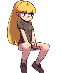 Rule 34 | 1girl, artist request, blonde hair, covering privates, gravity falls, highres, no pants, pacifica northwest, patch, shirt tug, shoes, solo