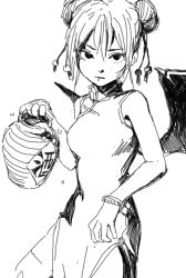 Rule 34 | 1girl, alternate costume, alternate hairstyle, bare arms, bare shoulders, bat wings, breasts, china dress, chinese clothes, commentary, cowboy shot, double bun, dress, fkey, greyscale, hair between eyes, hair bun, holding, holding pot, looking at viewer, medium breasts, monochrome, pelvic curtain, pot, remilia scarlet, short hair, side slit, simple background, sketch, sleeveless, sleeveless dress, solo, standing, touhou, translation request, white background, wings