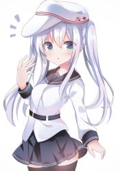 Rule 34 | 1girl, ^^^, absurdres, alternate hairstyle, black sailor collar, black skirt, black thighhighs, blue eyes, cowboy shot, fathom, flat cap, hammer and sickle, hat, hibiki (kancolle), highres, kantai collection, looking at viewer, pleated skirt, sailor collar, school uniform, serafuku, silver hair, simple background, skirt, solo, thighhighs, twintails, verniy (kancolle), white background, white hat