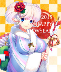 Rule 34 | 10s, 1girl, 2015, animal ears, arrow (projectile), blue eyes, breast hold, breasts, checkered background, covered erect nipples, ema, female focus, hair ornament, hamaya, happy new year, japanese clothes, kanzashi, kimono, large breasts, looking at viewer, minamoto (mutton), new year, original, pastel colors, rising sun flag, sheep ears, short hair, short twintails, sleeves past wrists, smile, solo, sunburst, twintails, white hair, wide sleeves, yellow background