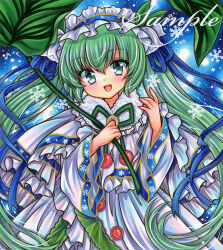 Rule 34 | 1girl, :d, blue background, blue hairband, blue ribbon, blue trim, blush, brooch, capelet, cowboy shot, dress, frilled hairband, frills, fur trim, giant leaf, green eyes, green hair, hair between eyes, hairband, hand up, hatsune miku, holding, holding leaf, jewelry, leaf, lolita hairband, long hair, long sleeves, looking at viewer, open mouth, ribbon, rui (sugar3), sample watermark, smile, snowflake print, snowflakes, solo, standing, traditional media, twintails, very long hair, vocaloid, watermark, white capelet, white dress, wide sleeves, yuki miku, yuki miku (2015)