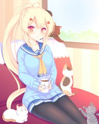 Rule 34 | 1girl, alternate costume, animal, ayanami (azur lane), azur lane, blonde hair, blue sailor collar, blue skirt, blue sweater, blush, breasts, cat, commentary request, contemporary, couch, cup, hair between eyes, hair ornament, hairclip, high ponytail, highres, holding, holding cup, indoors, long hair, long sleeves, looking at viewer, medium breasts, mug, on couch, parted lips, pleated skirt, ponytail, red eyes, sailor collar, sakurato ototo shizuku, school uniform, serafuku, sidelocks, sitting, skirt, sleeves past wrists, solo, spoon, sweater, very long hair, window, yellow neckwear