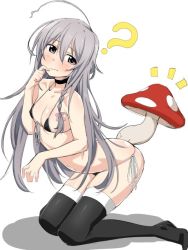 Rule 34 | 1girl, ?, ahoge, arched back, bare shoulders, bikini, black bikini, black thighhighs, blush, braid, breasts, collarbone, commentary request, finger to own chin, front-tie top, grey eyes, grey hair, hip focus, hoshi syoko, idolmaster, idolmaster cinderella girls, kneeling, loliconder, long hair, micro bikini, mushroom, shadow, side-tie bottom, simple background, single braid, small breasts, solo, swimsuit, thighhighs, thighs, white background