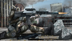 Rule 34 | 1girl, aiming, armor, assault rifle, battle, body armor, boots, brown hair, building, camouflage, cityscape, damaged, dirty, emblem, firing, gloves, goggles, gun, i.t.o daynamics, mecha, military, original, power armor, power suit, radio antenna, rifle, robot, science fiction, scope, shell casing, skull, smoke, sniper, soldier, submachine gun, weapon