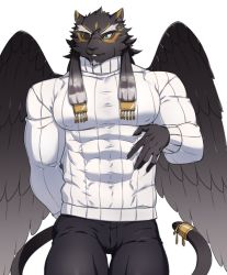 Rule 34 | 1boy, alternate costume, animal ears, asutarou, bara, covered abs, covered erect nipples, cowboy shot, facial hair, feathered wings, furry, furry male, green eyes, jaguar boy, jaguar ears, jaguar tail, large pectorals, male focus, manly, muscular, one eye covered, pants, pectorals, simple background, solo, sweater, tail, tezcatlipoca (housamo), thick thighs, thighs, tokyo houkago summoners, upper body, wings