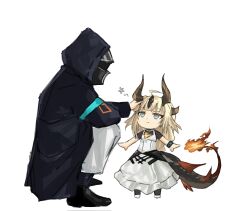 Rule 34 | 1boy, 1girl, ahoge, arknights, blonde hair, blue eyes, doctor (arknights), dragon girl, dragon horns, dragon tail, dress, flame-tipped tail, highres, horns, infection monitor (arknights), long hair, male doctor (arknights), mask, petting, reed (arknights), smile, tail, white background, yazu (zoddiacz)