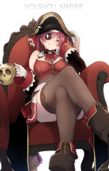 Rule 34 | 1girl, arrow through heart, bare shoulders, bicorne, blush, boots, breasts, character name, cleavage, eyepatch, gloves, hat, highres, hololive, hololive fantasy, houshou marine, large breasts, leotard, leotard under clothes, long sleeves, nanahara fuyuki, pirate hat, red eyes, red hair, see-through, see-through cleavage, see-through leotard, solo, thighhighs, virtual youtuber