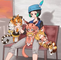 Rule 34 | 4girls, :&lt;, puff of air, ^ ^, aged down, aged up, animal ear fluff, animal ears, animal hands, animal print, bench, biting, black eyes, black hair, black shirt, black vest, blonde hair, blouse, blue eyes, blue vest, blush, bow, caracal (kemono friends), character doll, chibi, closed eyes, collarbone, commentary, ear blush, elbow gloves, extra ears, fang, gloves, gradient hair, green eyes, green hair, grey pants, hair bow, hat, hat feather, hugging doll, hugging object, kemono friends, kemono friends 2, kyururu (kemono friends), long hair, long sleeves, low ponytail, mini person, minigirl, multicolored hair, multiple girls, nose blush, notora, orange hair, pants, pleated skirt, print gloves, print legwear, print skirt, serval (kemono friends), serval print, serval tail, shirt, short hair, short ponytail, siberian tiger (kemono friends), sitting, sitting on lap, sitting on person, skirt, sparkle, striped tail, tail, thighhighs, tiger ears, tiger print, tiger tail, vest, white hair, yellow bow