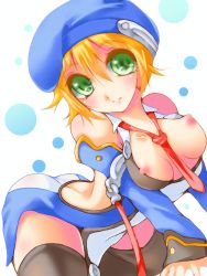 Rule 34 | 1girl, all fours, arc system works, artist name, beret, blazblue, blonde hair, breasts, breasts out, green eyes, hat, highres, legs, looking at viewer, medium breasts, necktie, nipples, noel vermillion, smile, solo, thick thighs, thighs