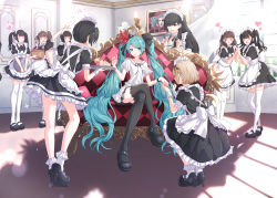 Rule 34 | 6+girls, absurdres, apron, aqua eyes, aqua hair, aqua nails, black dress, black footwear, black hair, black ribbon, black skirt, black thighhighs, blonde hair, blouse, brown hair, cake, couch, crossed legs, crown, curtains, dress, falling petals, flower, food, frilled dress, frilled shirt, frills, hair down, hair flower, hair ornament, hair ribbon, hatsune miku, heart, heart-shaped eyes, highres, holding, holding crown, holding hands, holding tray, itogari, long hair, maid, maid apron, maid headdress, applying manicure, mary janes, miniskirt, multiple girls, nail polish, painting nails, pastry, petals, red flower, ribbon, shirt, shoes, short dress, sitting, skirt, solo focus, supreme (module), thighhighs, throwing petals, tray, twintails, very long hair, vocaloid, waist apron, white shirt, white thighhighs, window, world is mine (vocaloid), zettai ryouiki