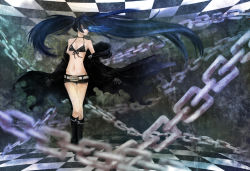 Rule 34 | 10s, 1girl, belt, bikini, bikini top only, black footwear, black rock shooter, black rock shooter (character), blue eyes, blue hair, boots, capelet, chain, front-tie top, gloves, hair over one eye, highres, knee boots, long hair, masami chie, matching hair/eyes, navel, short shorts, shorts, solo, swimsuit, twintails, very long hair, vocaloid