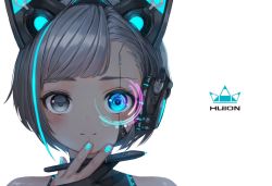 Rule 34 | 1girl, android, animal ears, asymmetrical bangs, bare shoulders, black gloves, blush, cat ears, closed mouth, commentary request, company name, fake animal ears, gloves, grey eyes, grey hair, headset, holding, holding stylus, huion, light smile, logo, looking at viewer, multicolored hair, nail art, original, partially fingerless gloves, portrait, robot ears, ryota (ry o ta), shade, short hair, signature, simple background, solo, streaked hair, stylus, white background