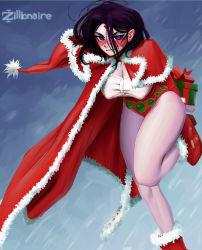 Rule 34 | 1girl, adapted costume, ankle boots, arms behind back, artist name, belt, boots, box, breasts, christmas, cleavage, cloak, colored skin, dc comics, covered erect nipples, forehead jewel, gem, gift, gift box, grey skin, hat, highres, hood, hooded cloak, large breasts, leaning forward, leg up, legs, legs together, looking at viewer, messy hair, purple eyes, purple hair, raven (dc), red cloak, red eyes, red footwear, santa hat, short hair, solo, teen titans, thighs, tsundere, zillionaire