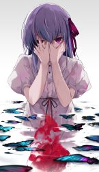 Rule 34 | 1girl, blood, bug, butterfly, covering face, fate/stay night, fate (series), gradient background, grey background, hair ribbon, hirai yuzuki, insect, looking at viewer, matou sakura, md5 mismatch, official alternate costume, partially submerged, pink eyes, puffy short sleeves, puffy sleeves, purple hair, resolution mismatch, ribbon, short hair, short sleeves, solo, source larger, water, white background