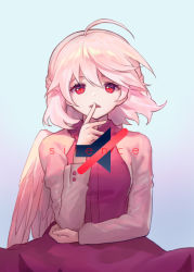 Rule 34 | 1girl, ahoge, ainy, alternate hair color, angel wings, arm rest, bad id, bad pixiv id, blue background, braid, dress, english text, finger to mouth, french braid, gradient hair, kishin sagume, looking at viewer, multicolored hair, mute, open mouth, pink hair, purple dress, red eyes, short hair, simple background, single wing, solo, touhou, upper body, wind, wings