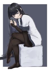 Rule 34 | 1girl, absurdres, aiharararara, black hair, black nails, black pantyhose, blue eyes, blunt bangs, border, crossed legs, dress, elbow gloves, empty eyes, feet, from side, full body, gloves, hand up, highres, holding, leaning forward, legs, long hair, mua (aiharararara), nail polish, no shoes, original, pantyhose, parted lips, partially fingerless gloves, short sleeves, sidelocks, signature, sitting, soles, solo, toes, very long hair, white border, white dress