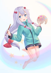 Rule 34 | 10s, 1girl, absurdres, blue eyes, blush, bow, eromanga sensei, full body, hair bow, highres, holding, holding paintbrush, izumi sagiri, long hair, looking at viewer, miki yuu, open mouth, paintbrush, palette (object), red bow, silver hair, smile, solo, teeth, very long hair