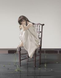 Rule 34 | 1girl, bare arms, barefoot, blunt bangs, brown eyes, brown hair, chair, dress, expressionless, full body, head rest, long hair, looking at viewer, ns404, original, reflective floor, sidelocks, sitting, solo, sprout, weeds, white dress