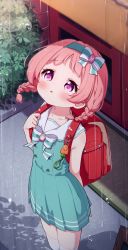 Rule 34 | 1girl, :o, arm behind back, backpack, bag, blue dress, blue hairband, blush, bow, braid, commentary, day, dress, flat chest, hairband, highres, looking away, looking up, mimi (princess connect!), mimi (real) (princess connect!), outdoors, parted lips, pink hair, pleated dress, princess connect!, purple eyes, rain, randoseru, sailor collar, sailor dress, setmen, sleeveless, sleeveless dress, solo, standing, striped, striped bow, thighhighs, twin braids, twintails, white sailor collar, white thighhighs